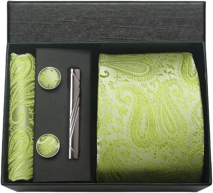 Men's Luxury Silk Paisley Floral Necktie, Pocket Square, Clip & Cufflinks Set - Lovez Aqua© - 