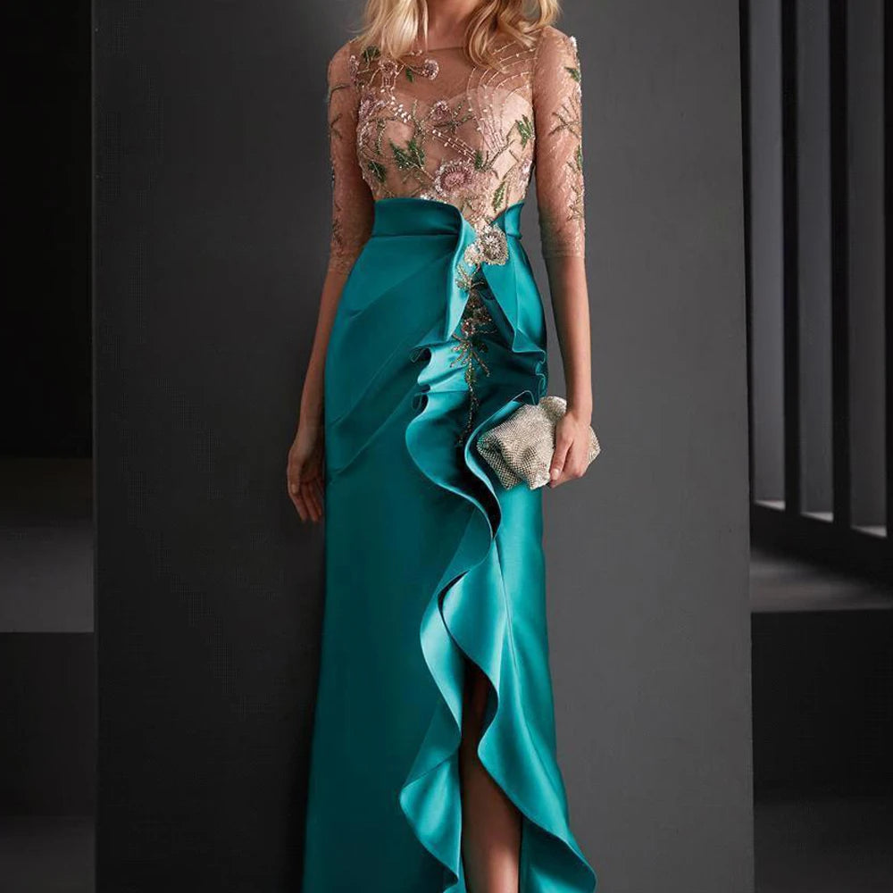 Elegant Women's Satin Embroidered Gold & Aqua Flared Mermaid Evening Dress - Lovez Aqua© - 