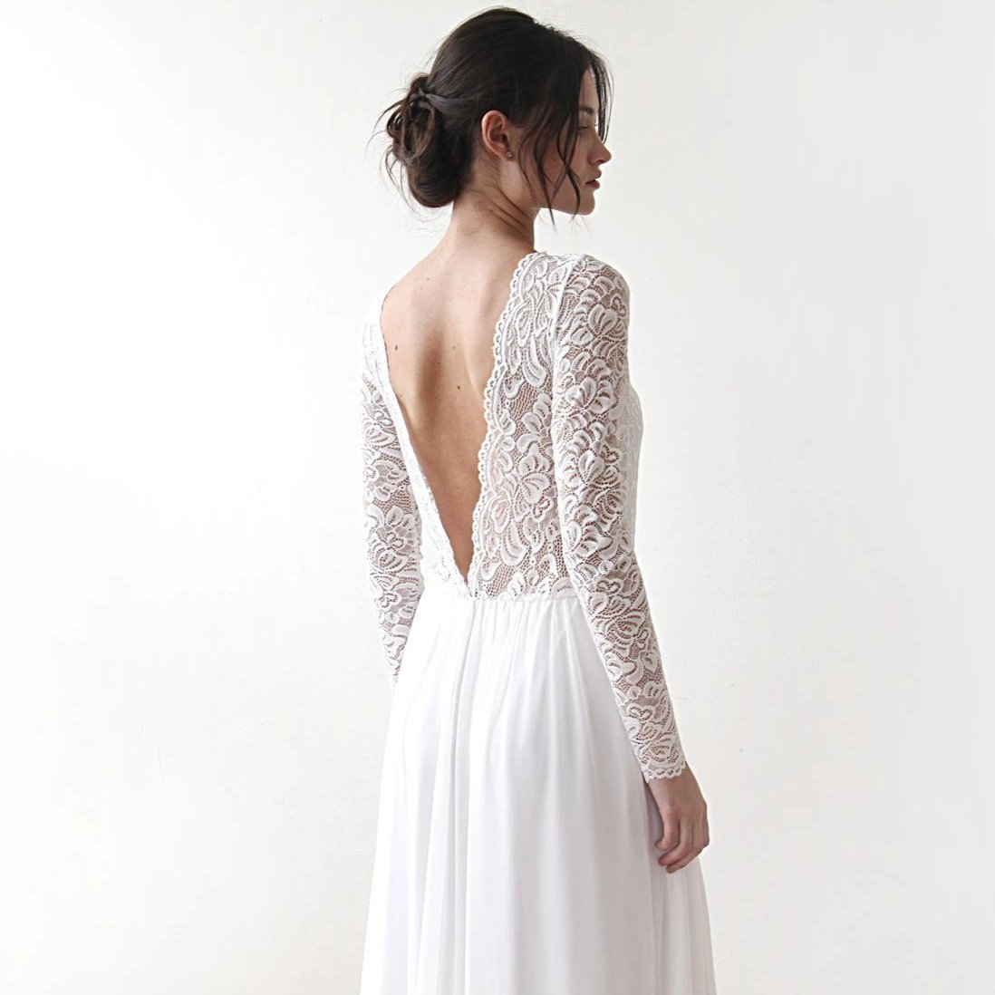 Ivory Boat Neckline V Back Lace & Chiffon Mesh Long Sleeve Wedding Dress