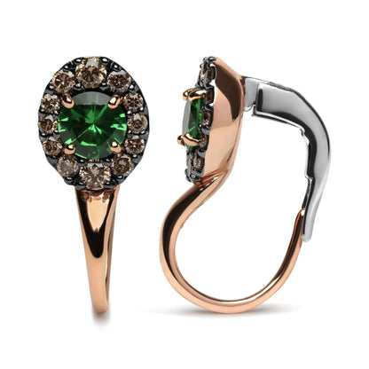 18K Rose & White Gold Round Brown Diamonds & Green Tsavorite Halo Drop Earrings