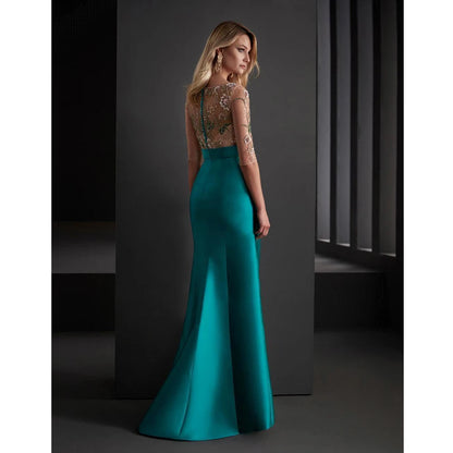 Elegant Women's Satin Embroidered Gold & Aqua Flared Mermaid Evening Dress - Lovez Aqua© - 