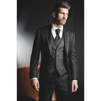 Men's Shiny Metallic Embroidered 3 Piece Suit Set (Jacket, Pants & Vest) - Lovez Aqua© - black, gray, red, silver, white