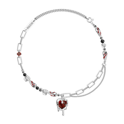 Women's Red Heart Dripping Gold Crystal Beaded Silver Chain Necklace - Lovez Aqua© - 