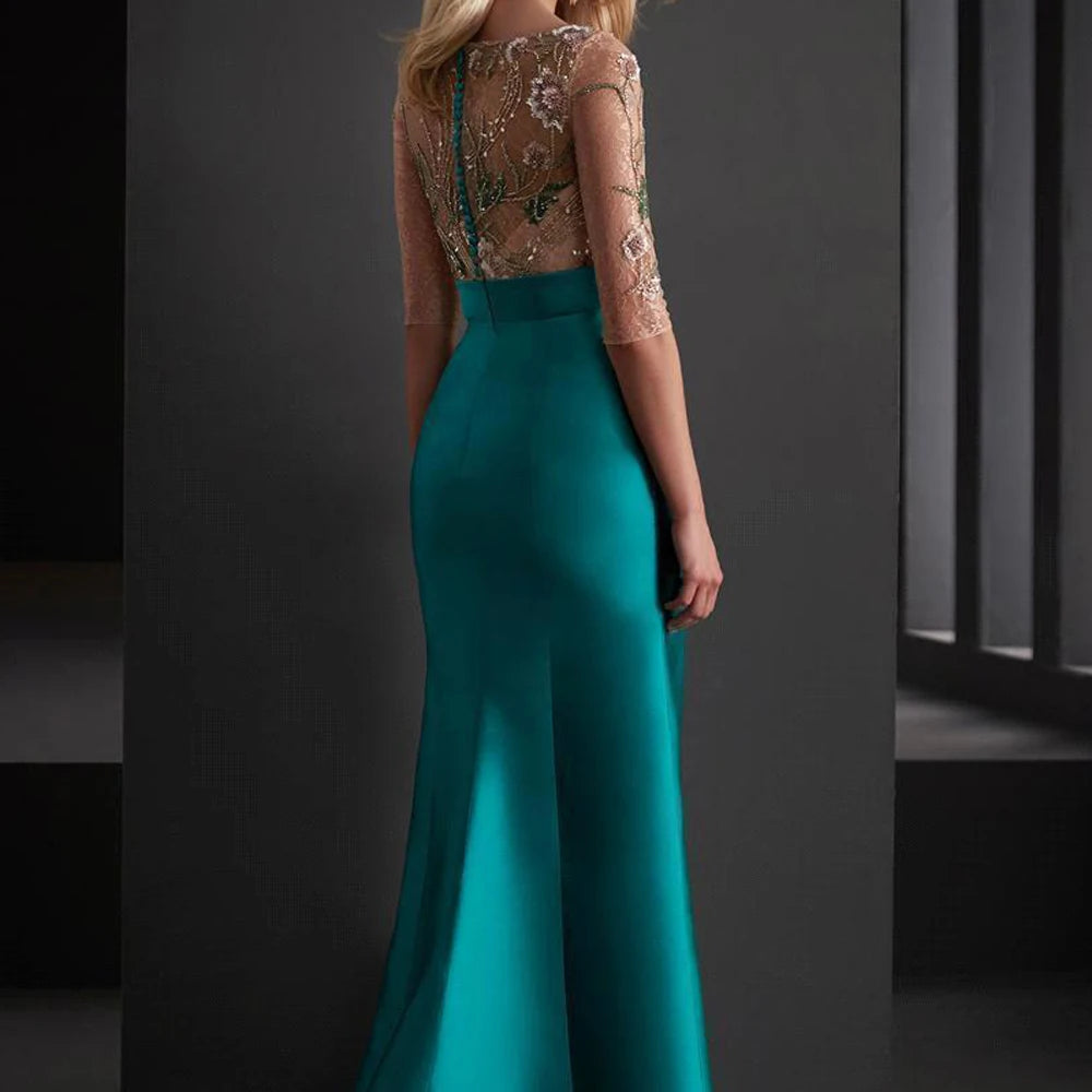 Elegant Women's Satin Embroidered Gold & Aqua Flared Mermaid Evening Dress - Lovez Aqua© - 