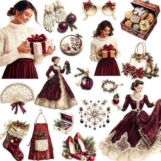 Classic Rich Burgundy Women's Vintage Christmas Stickers (20 Pieces)