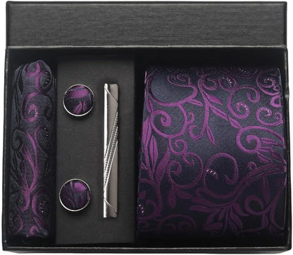 Men's Luxury Silk Paisley Floral Necktie, Pocket Square, Clip & Cufflinks Set - Lovez Aqua© - 