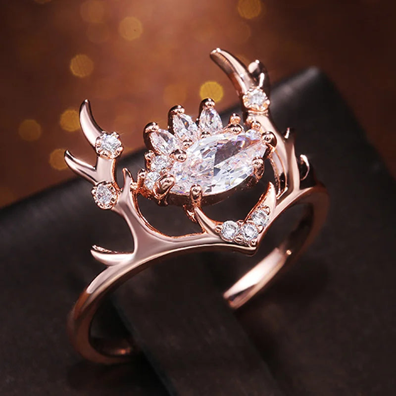 Delicate Gold Elk Antlers & Cubic Zirconia Crown Women's Ring