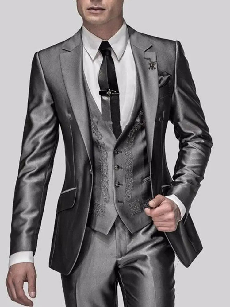 Men's Shiny Metallic Embroidered 3 Piece Suit Set (Jacket, Pants & Vest) - Lovez Aqua© - black, gray, red, silver, white