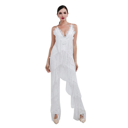 Women's White Tassel Loose Fit Flared Jumpsuit