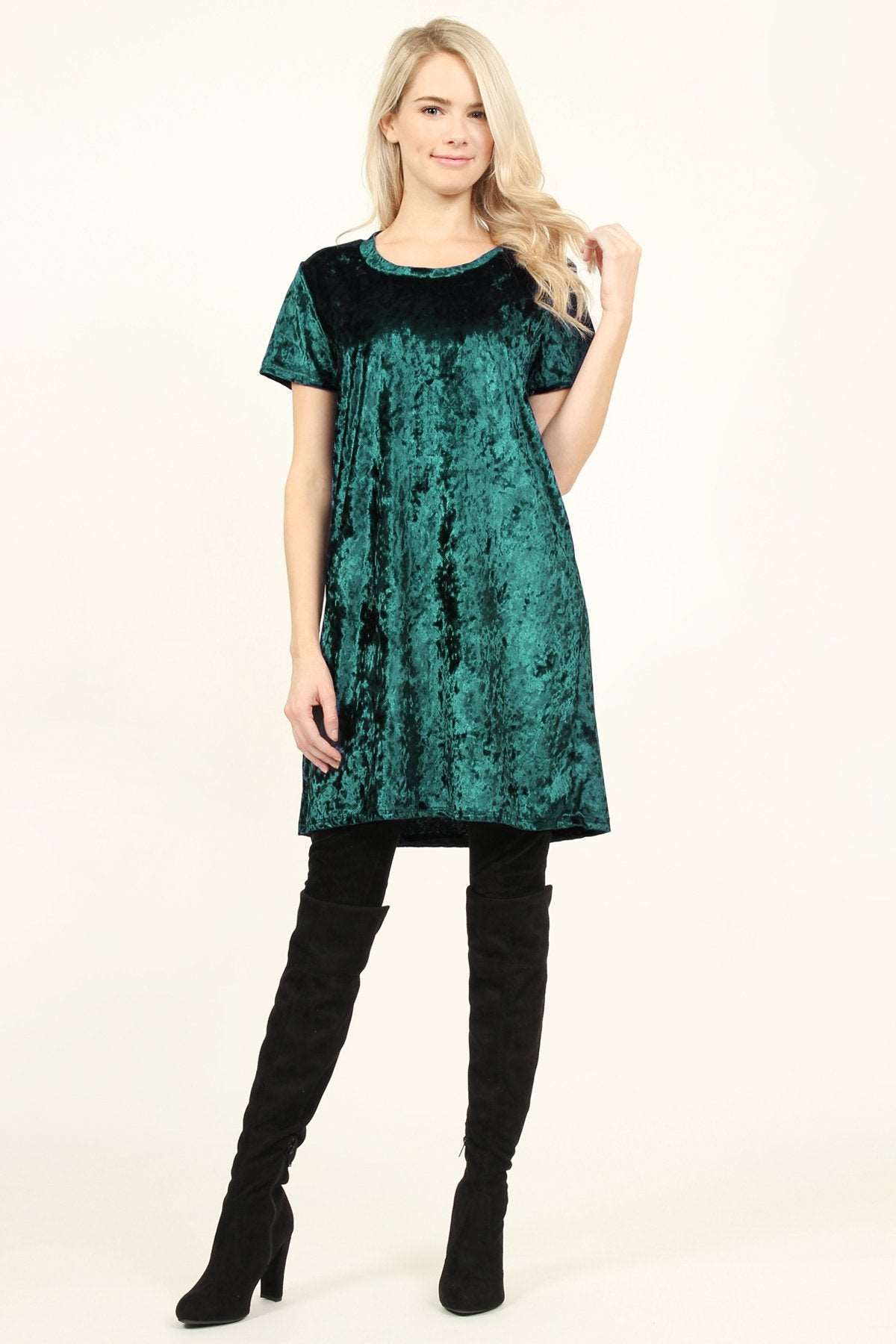 Women's Short Sleeve Relaxed Fit Crushed Velvet Tunic Dress