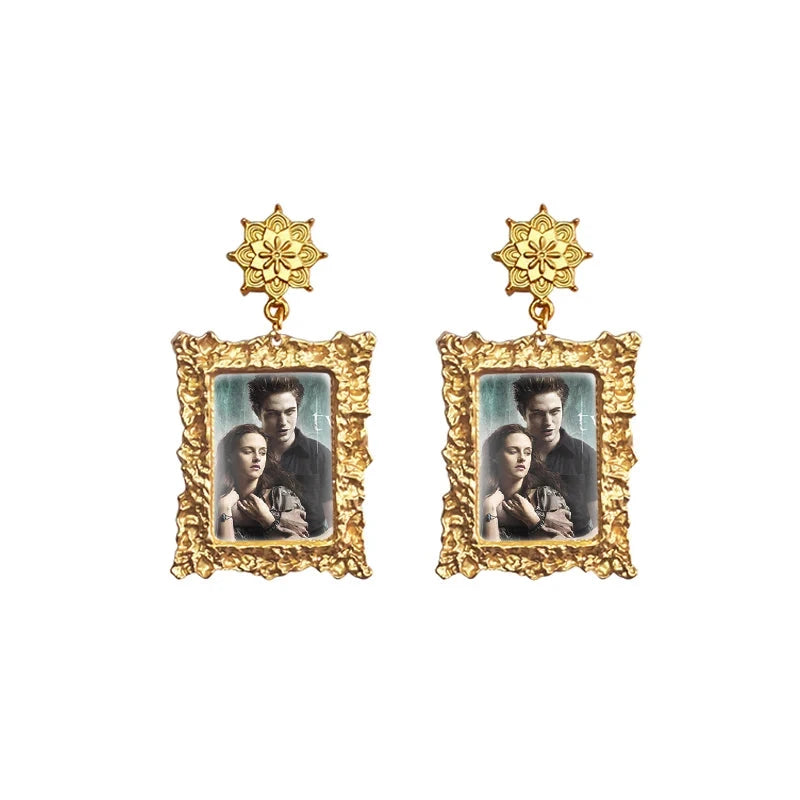 Twilight Movie Vintage Gold Framed Miniature Portrait Drop Earrings - Lovez Aqua© - bella swan, edward cullen, jacob black, robert pattinson