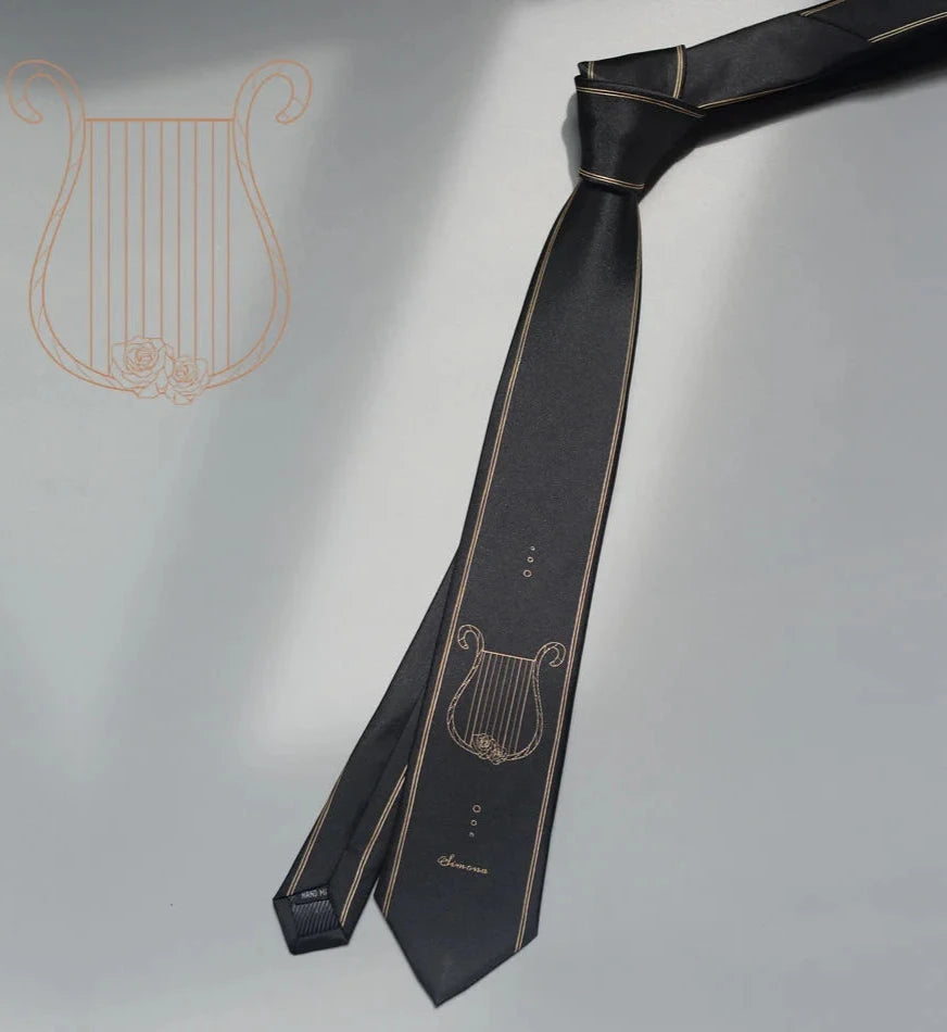 Black & Gold Classic Fantasy Bow, Arrow, Crossbow & Harp Patterned Men's Necktie - Lovez Aqua© - 