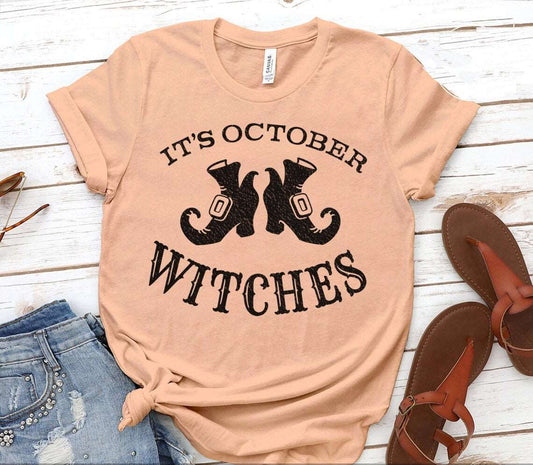 "Its October Witches" Unisex Cotton Halloween Witches Boots Print T-Shirt - Lovez Aqua© - 