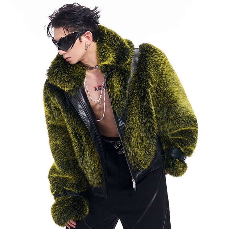 Men's Gothic Punk Black Leather Patchwork Plush Crimson/Green Faux Fur Jacket - 80d3e6-0e.myshopify.com - -  