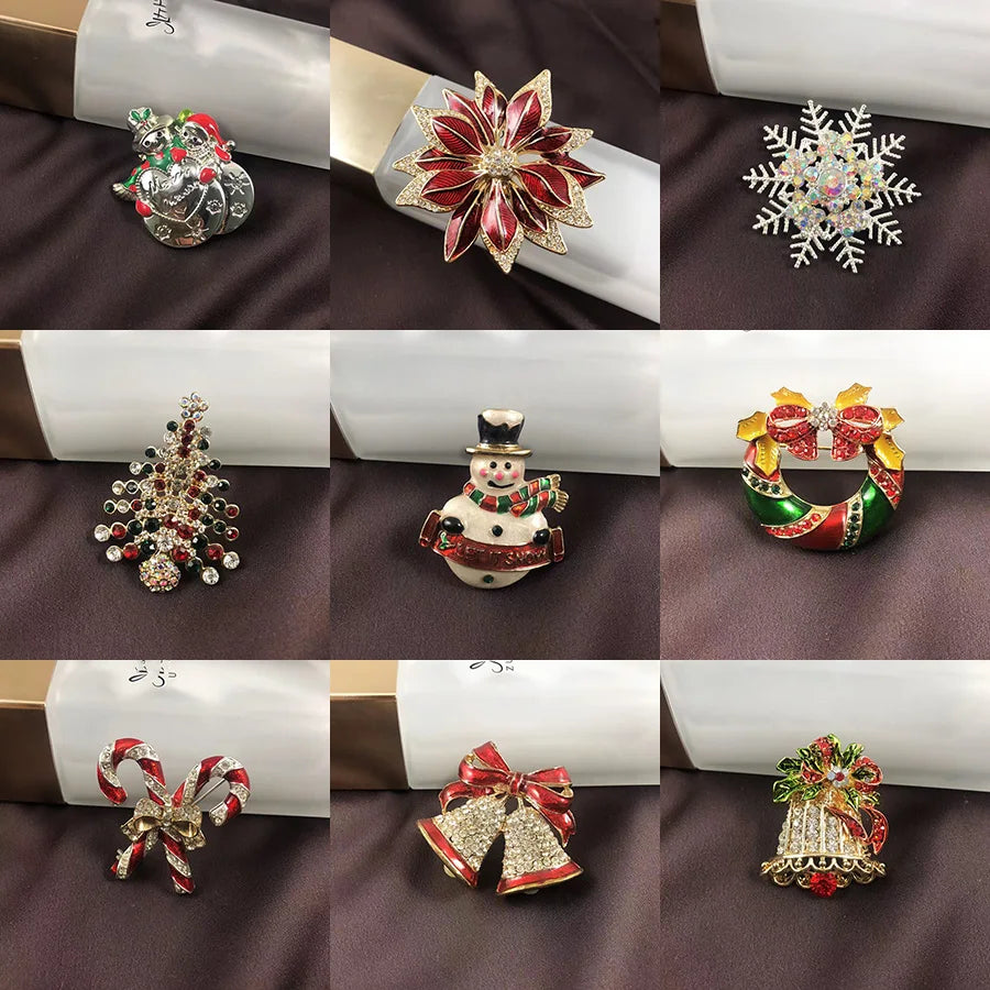 Women's Festive Christmas-Themed Brooch Pins with Sparkling Rhinestone Detailing - Lovez Aqua© - candy candes, santa, snowflake, snowman, stocking