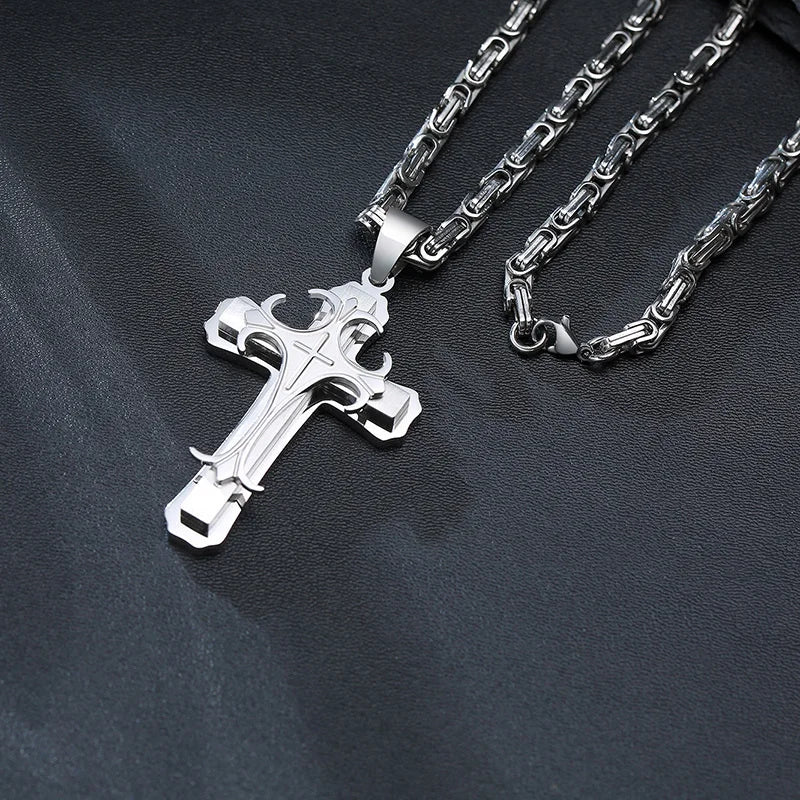 Men's Stainless Steel Religious Cross Pendant Necklace With Byzantine Chain - Lovez Aqua© - 