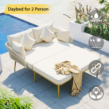 Outdoor Patio Beige Woven Nylon Two Seater Daybed with Backrest & Cushions - Lovez Aqua© - 