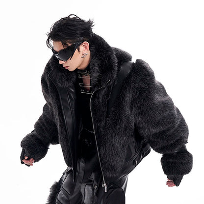 Men's Gothic Punk Black Leather Patchwork Plush Crimson/Green Faux Fur Jacket - 80d3e6-0e.myshopify.com - -  