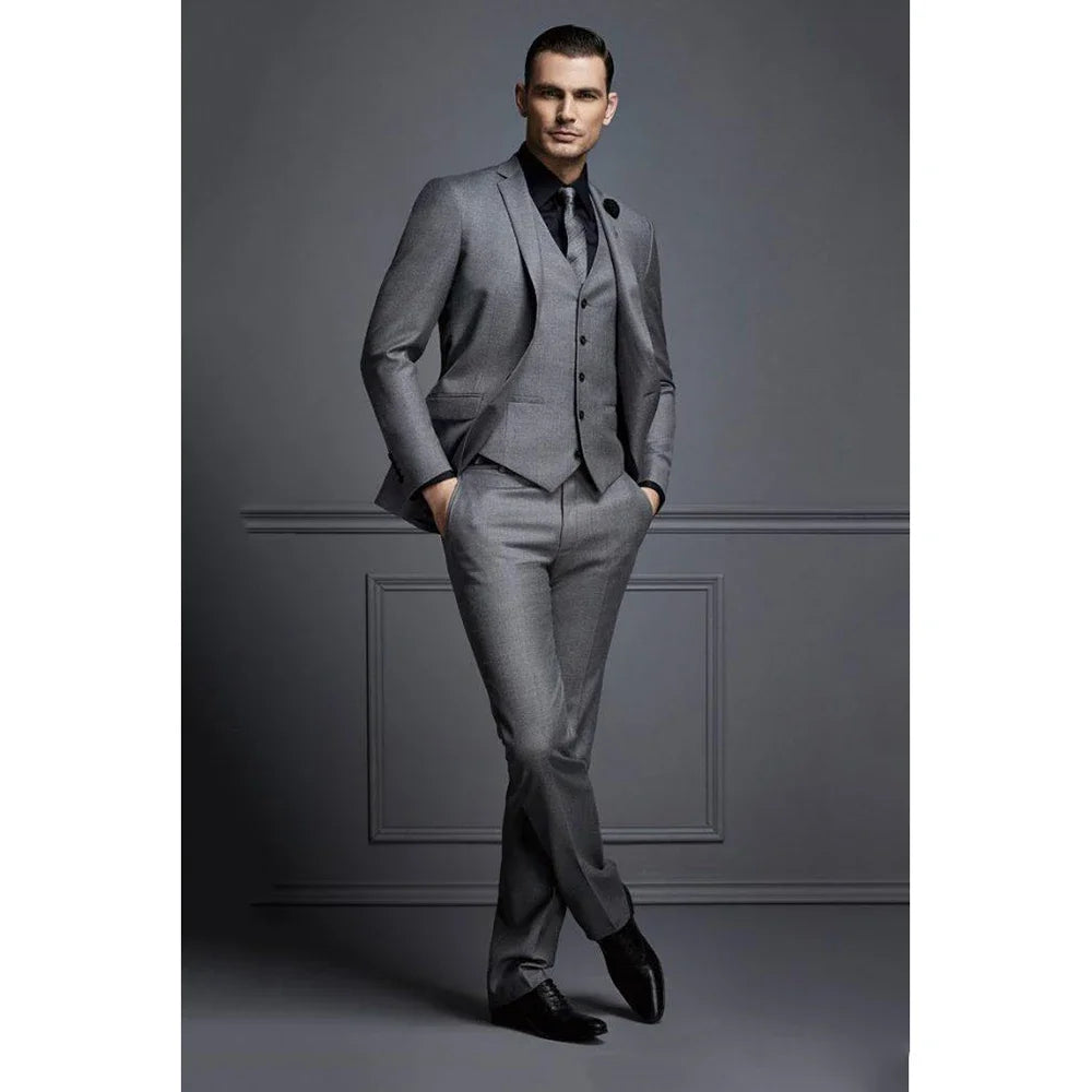 Men's Smart Casual 3 Piece Gray Cotton Suit Set Jacket & Pants - Lovez Aqua© - 