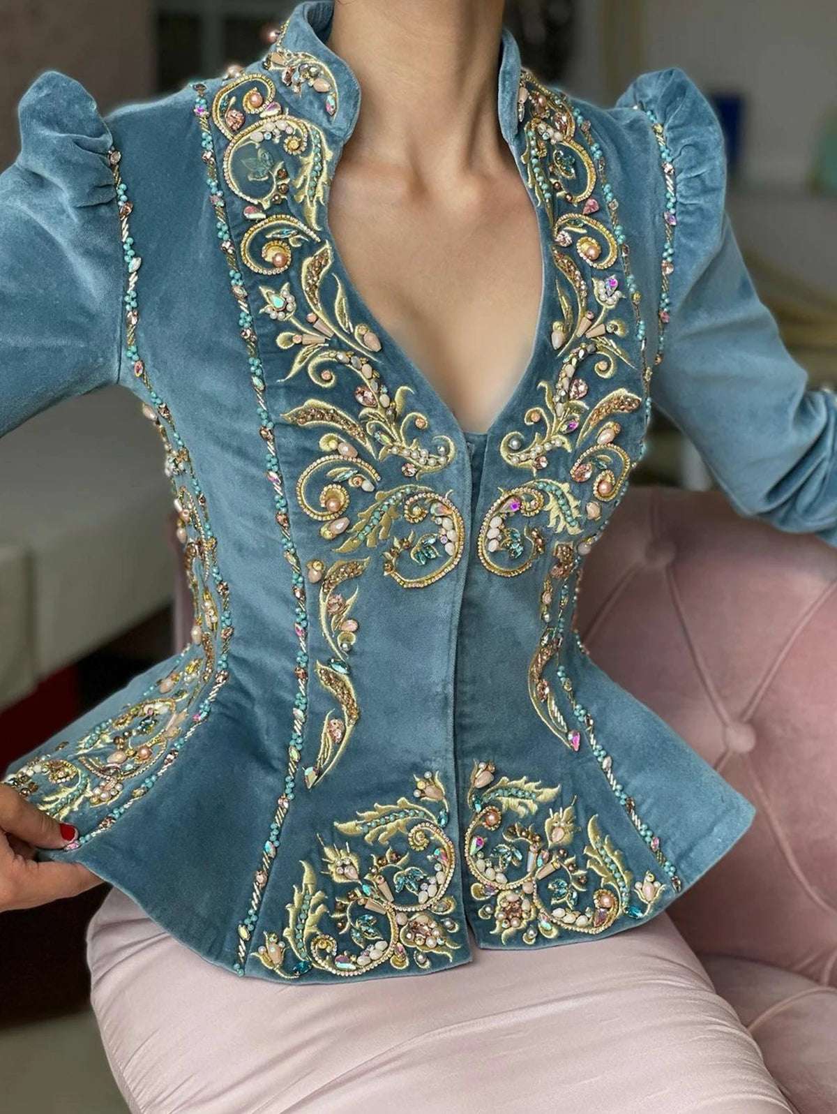 Women's Elegant Floral Gold Embroidered V-Neck Vintage Velvet Peplum Blouse - 80d3e6-0e.myshopify.com - Blue / S -  Blue