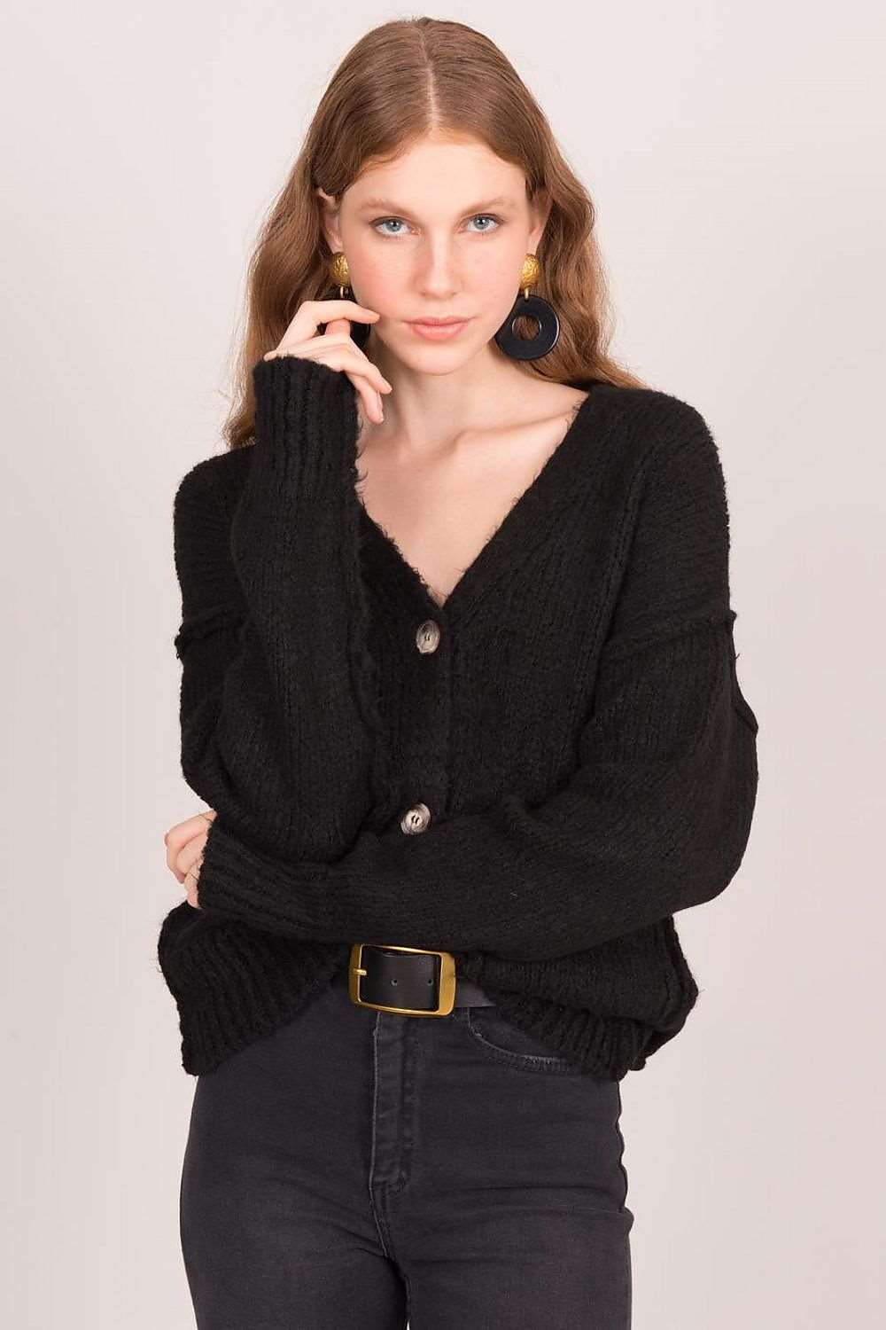 Women's Black Button-Down Cardigan with Slip Pockets