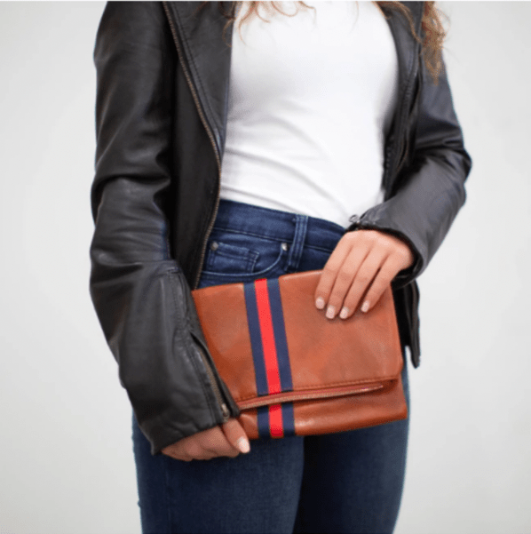 Women's Vegan Leather Fold Over Clutch Bag with Woven Shoulder Strap