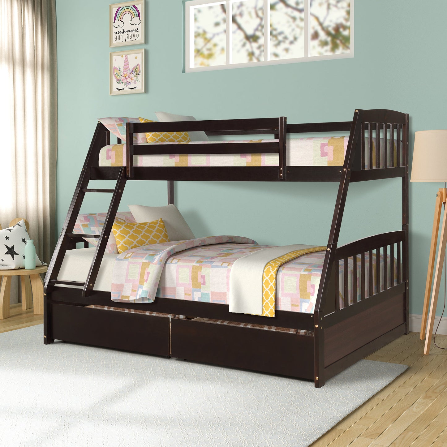 Espresso Pine Wood Twin Over Full Bunk Bed With Two Storage Drawers - Lovez Aqua© - 