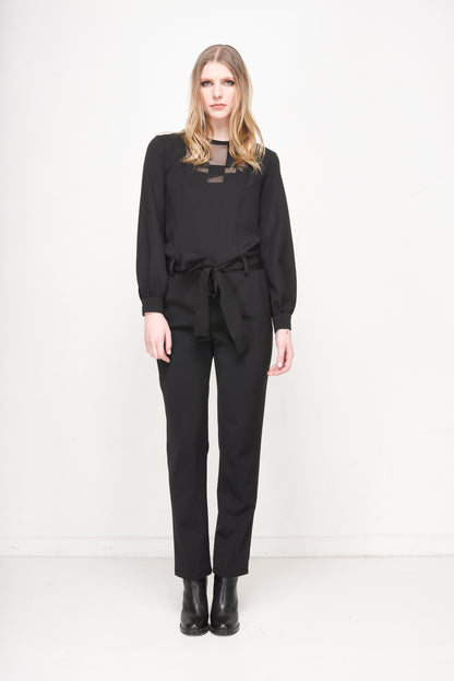 Women's Black Long-Sleeve Jumpsuit with Mesh Panels & Tie-Waist Detail