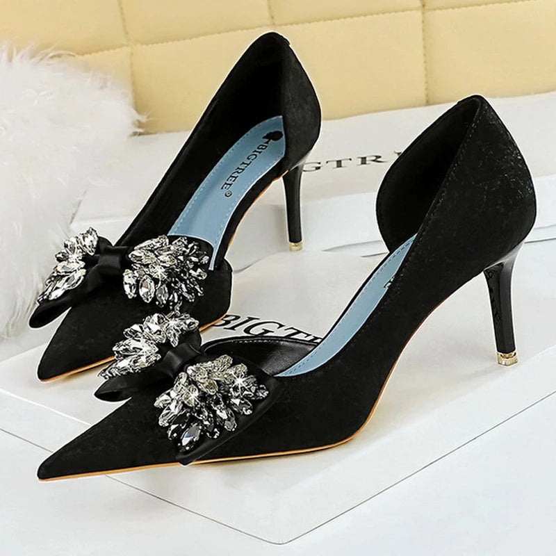 Women's Black Velvet Rhinestone Bow Pointed Toe Stiletto High Heels