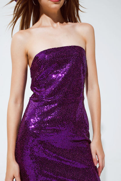 Women's Purple Sequin Bandeau Strapless Mini Pencil Party Dress