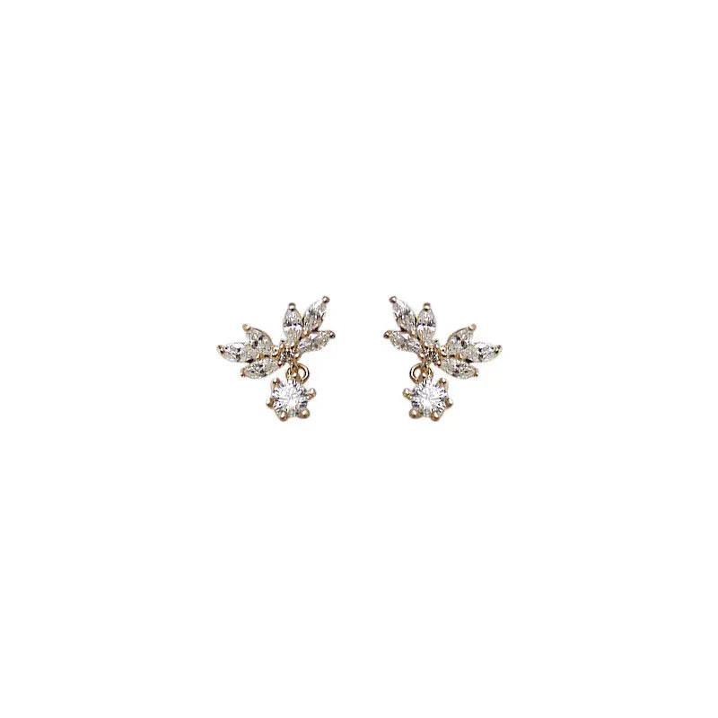 925 Sterling Silver Sparkling Water Drop Zircon Petal Wing Women's Stud Earrings