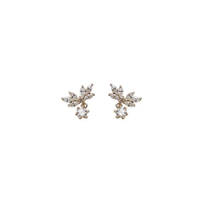 925 Sterling Silver Sparkling Water Drop Zircon Petal Wing Women's Stud Earrings