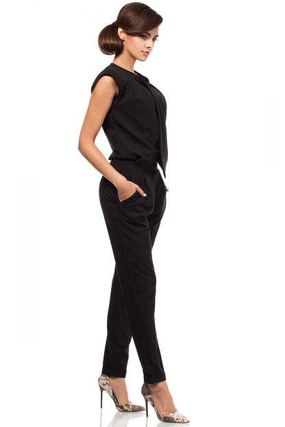 Women's Black Jumpsuit with Draped Neckline & Tapered Legs