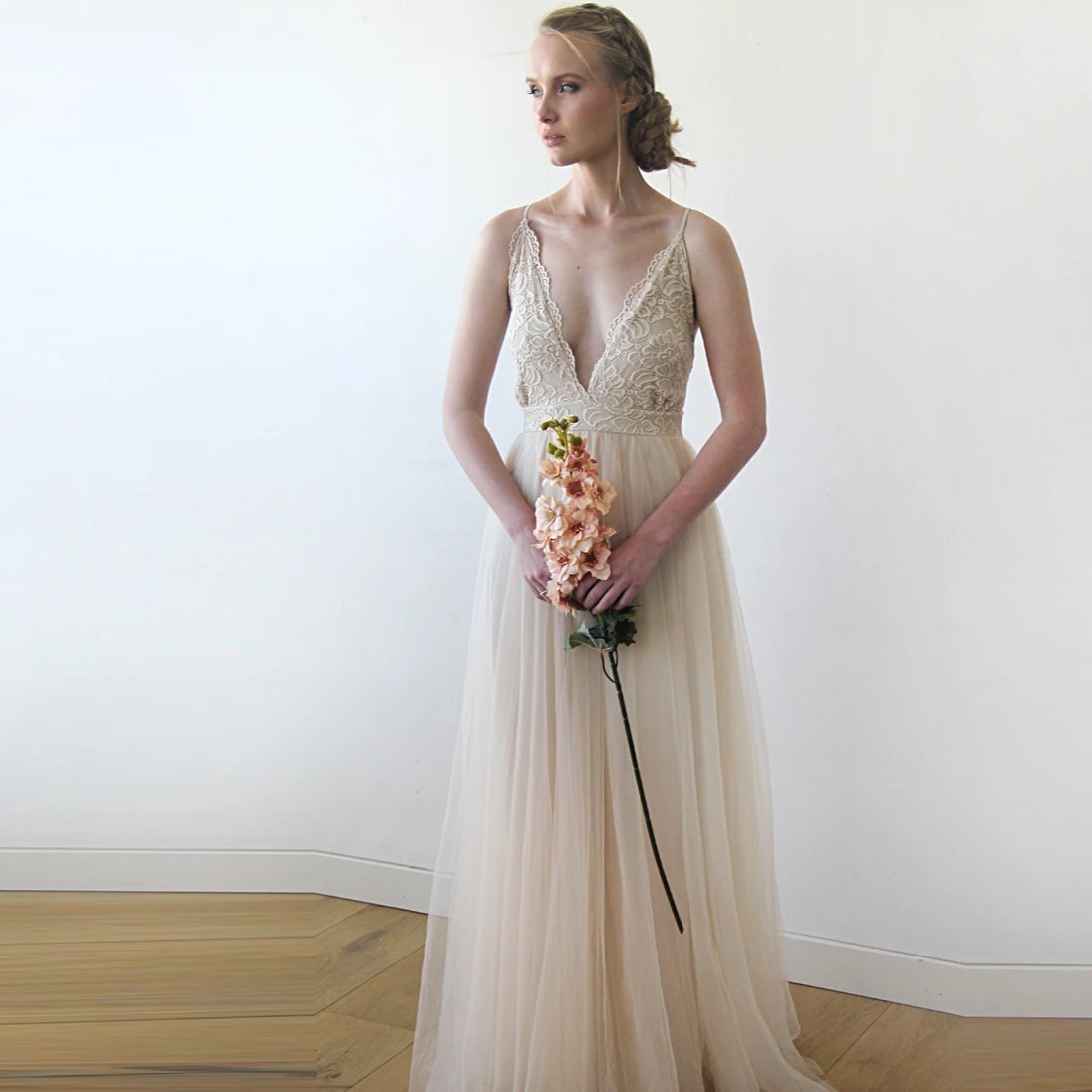 Champagne Lace Floor-Length Backless Wedding Dress with V-Neck & Spaghetti Strap