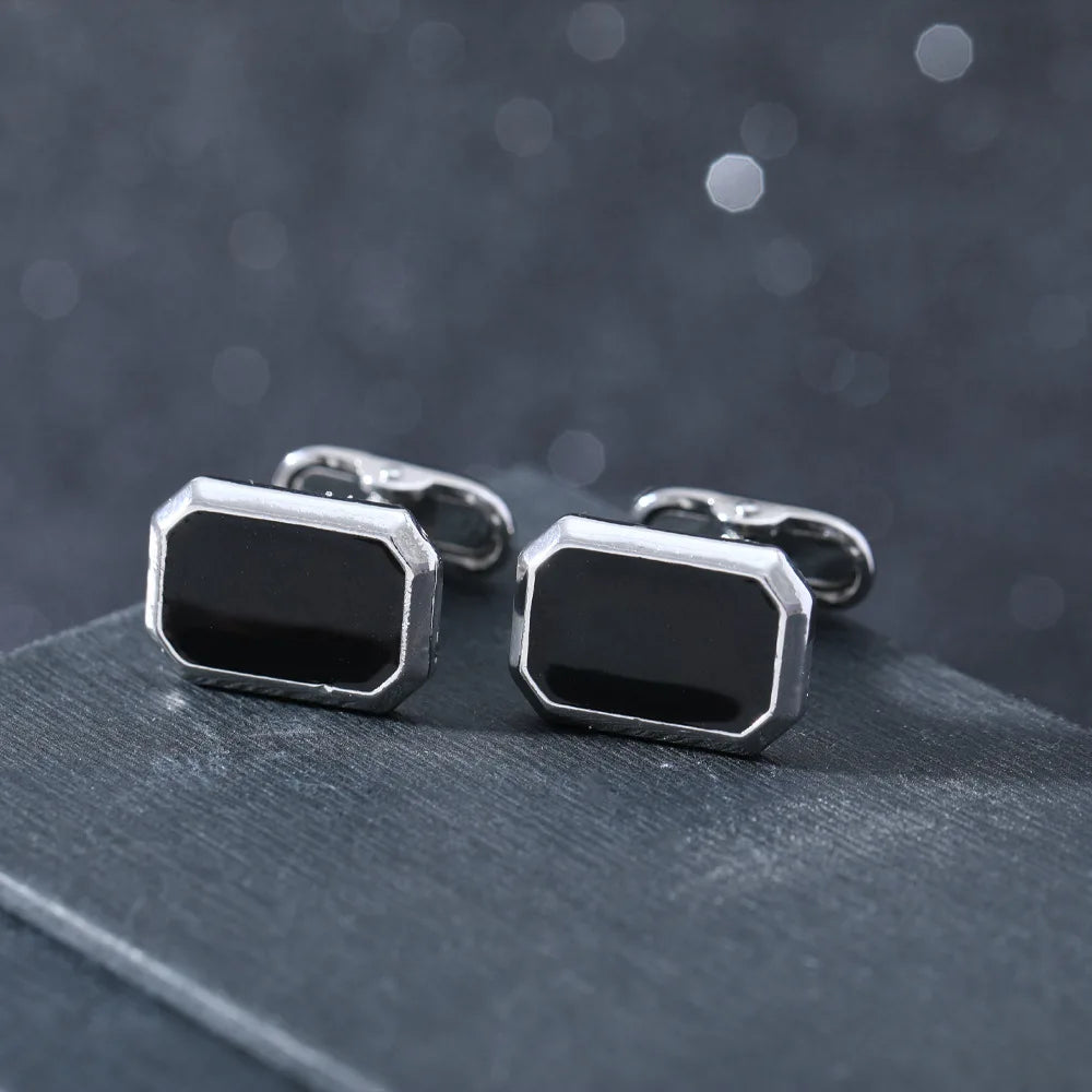 Men's French Style Angular Rectangle Formal Black & Silver Cufflinks - Lovez Aqua© - 