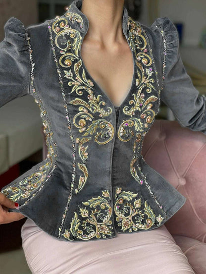 Women's Elegant Floral Gold Embroidered V-Neck Vintage Velvet Peplum Blouse - 80d3e6-0e.myshopify.com - Gray / S -  Gray