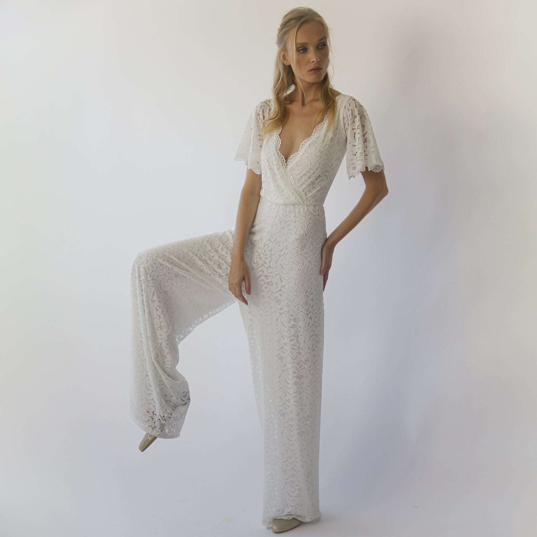 Ivory Bohemian Butterfly Sleeves Flowing Bridal Lace Jumpsuit with Flared Legs