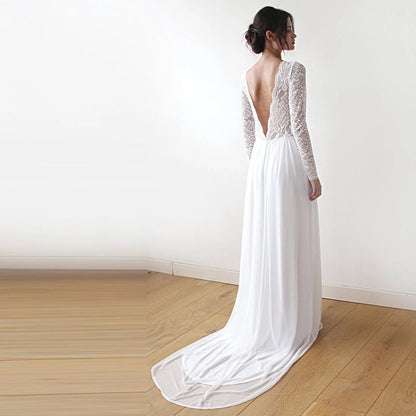 Ivory Boat Neckline V Back Lace & Chiffon Mesh Long Sleeve Wedding Dress