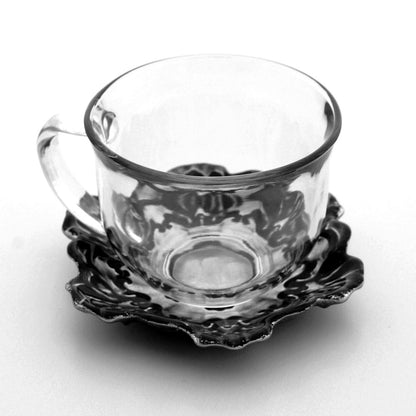 Black & Silver Floral 18oz Glass Cup & Baroque Gilded Glass Saucer (2pcs Set)