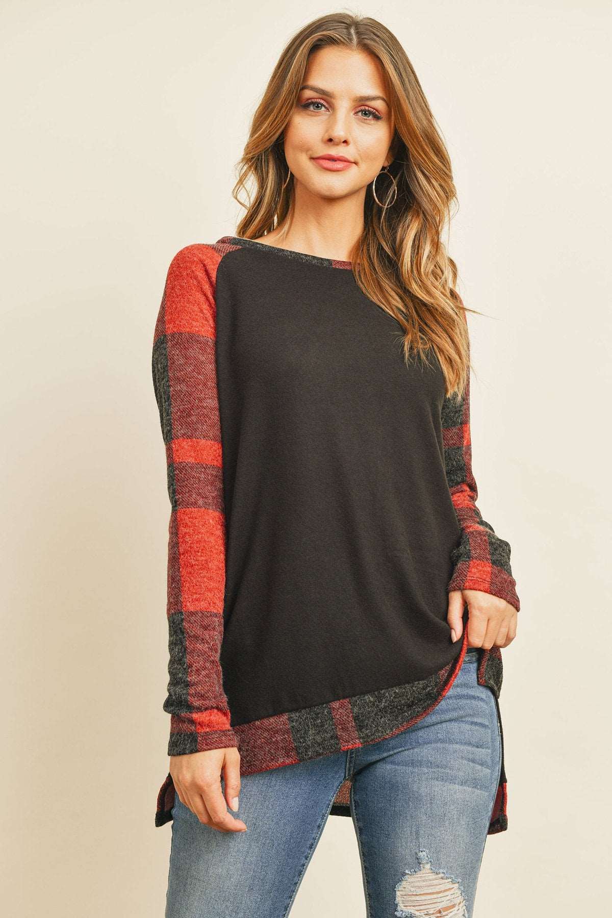 Women’s Winter Top with Hacci Plaid Pattern & Cozy Long Back Hem