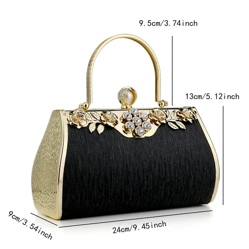 Women's Black Velvet & Gold Engraved Roses Rhinestone Evening Handbag