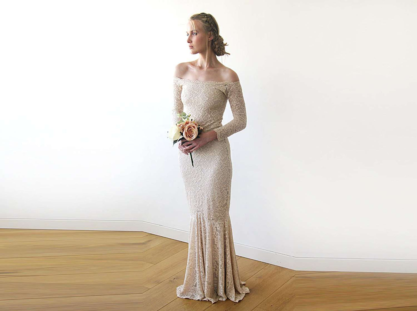 Champagne Mermaid Off-Shoulders Floral Lace Wedding Dress with Long Sleeves