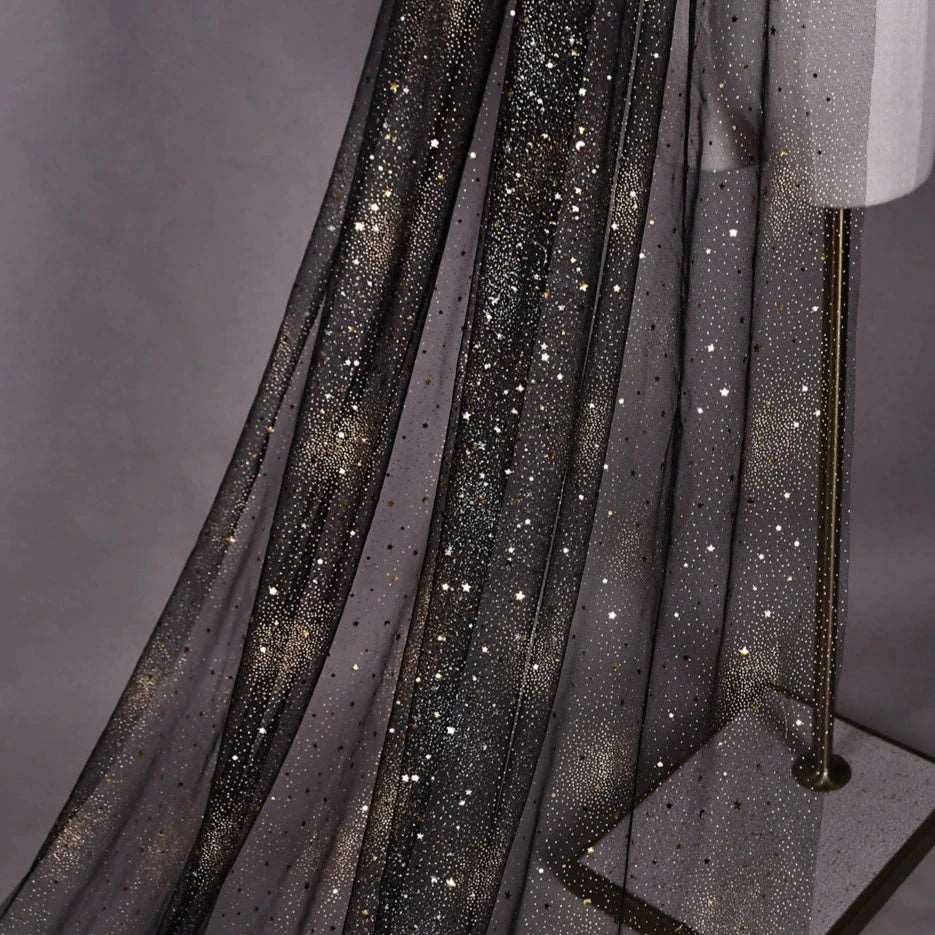 Black Bridal Soft Lace Single Layer Cathedral Length Sequined Stars Wedding Veil