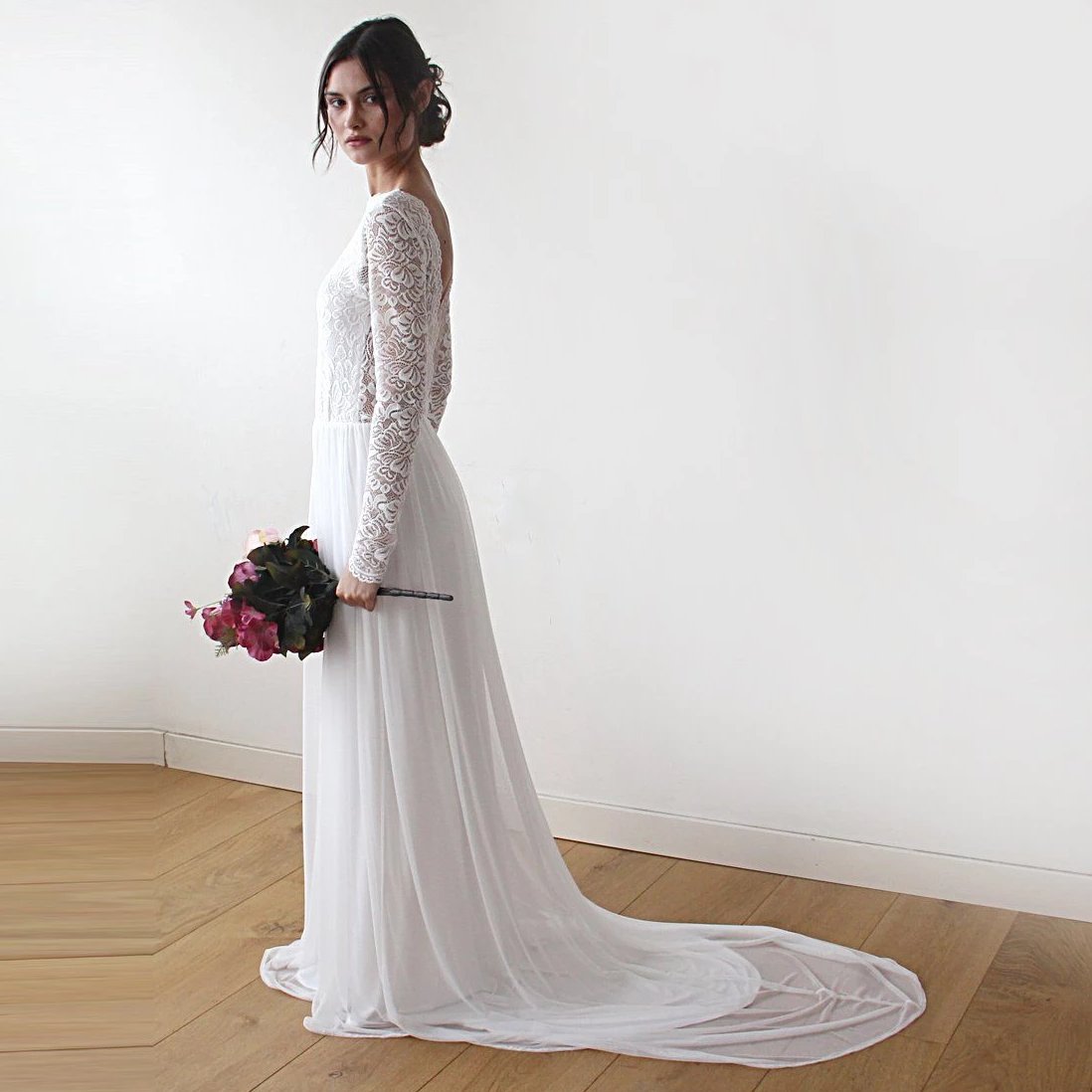 Ivory Boat Neckline V Back Lace & Chiffon Mesh Long Sleeve Wedding Dress