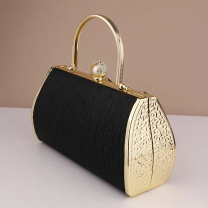 Women's Black Velvet & Gold Engraved Roses Rhinestone Evening Handbag