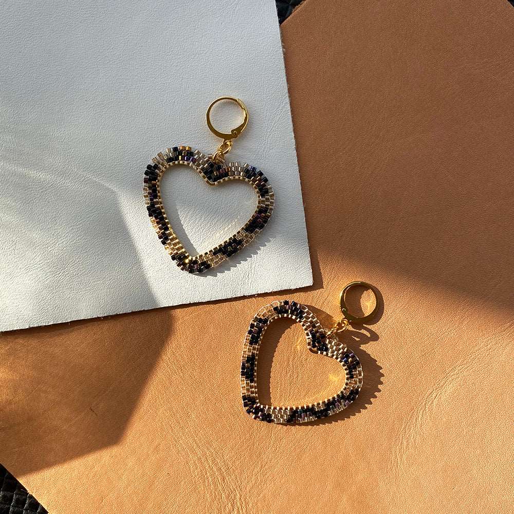 Women's 24ct Gold-Plated Glass Bead Leopard Print Heart Hoop Dangle Earrings