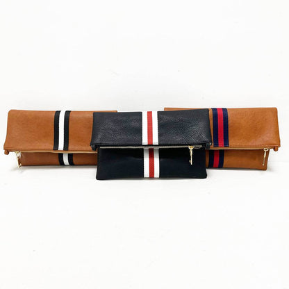 Women's Vegan Leather Fold Over Clutch Bag with Woven Shoulder Strap