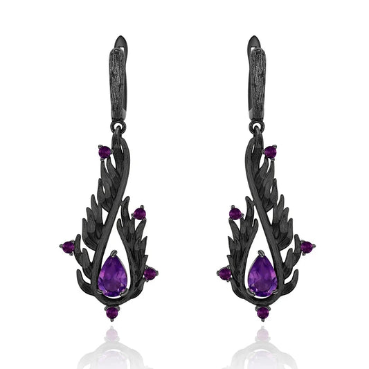 925 Sterling Silver 2.1ct Natural Amethyst Angel Wings Women's Drop Earrings - Lovez Aqua© - black, dark purple, gothic