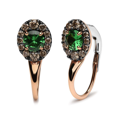 18K Rose & White Gold Round Brown Diamonds & Green Tsavorite Halo Drop Earrings