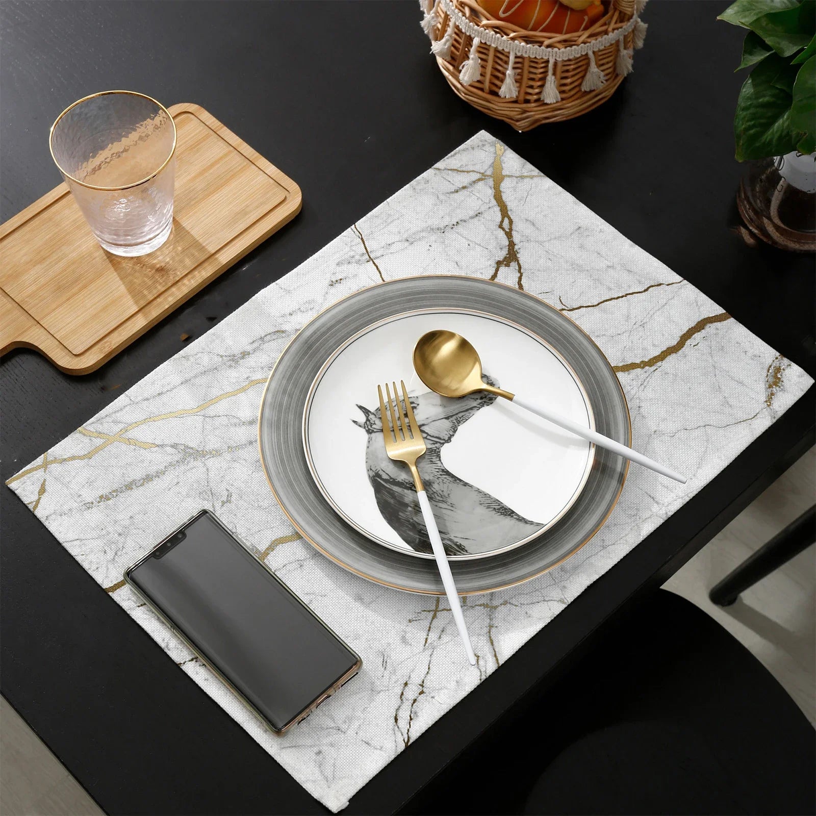 Imitation Rich Marble Veining Pattern Rectangle Linen Table Placement Mat (1 Pc) - Lovez Aqua© - 